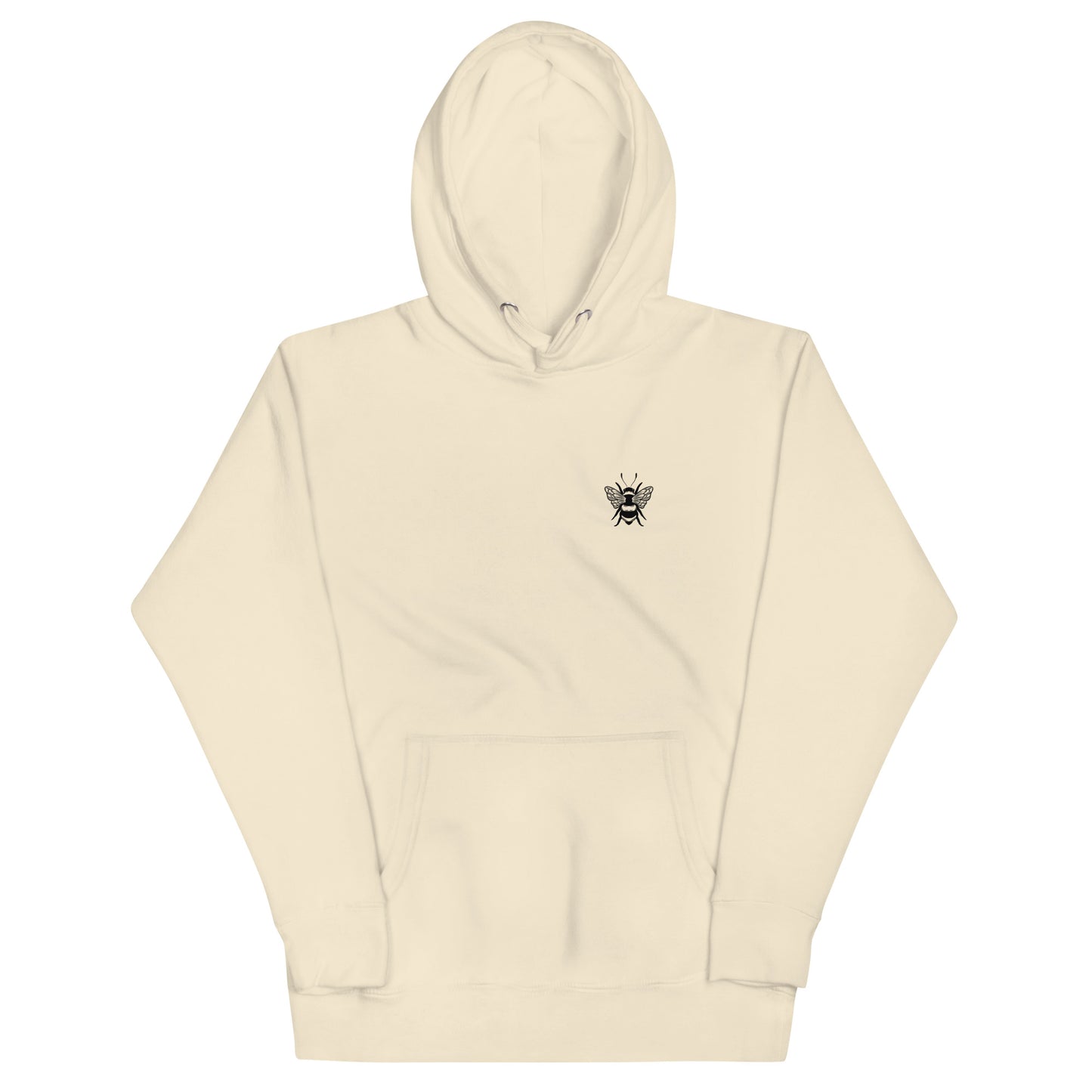 Cream-colored bumble bee hoodie front view with a small black bee graphic on the left chest, ideal for men and women. Features a drawstring hood, front pouch pocket, and long sleeves for cozy streetwear style. Shop this bee hoodie for a minimalist, nature-inspired look!