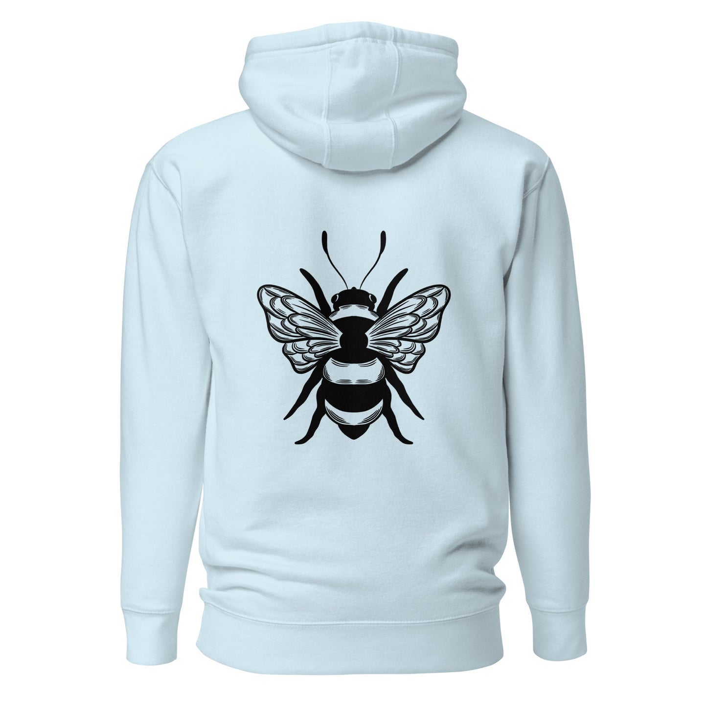 Light blue hoodie with a large black bee graphic on the back, featuring a hood with drawstrings.