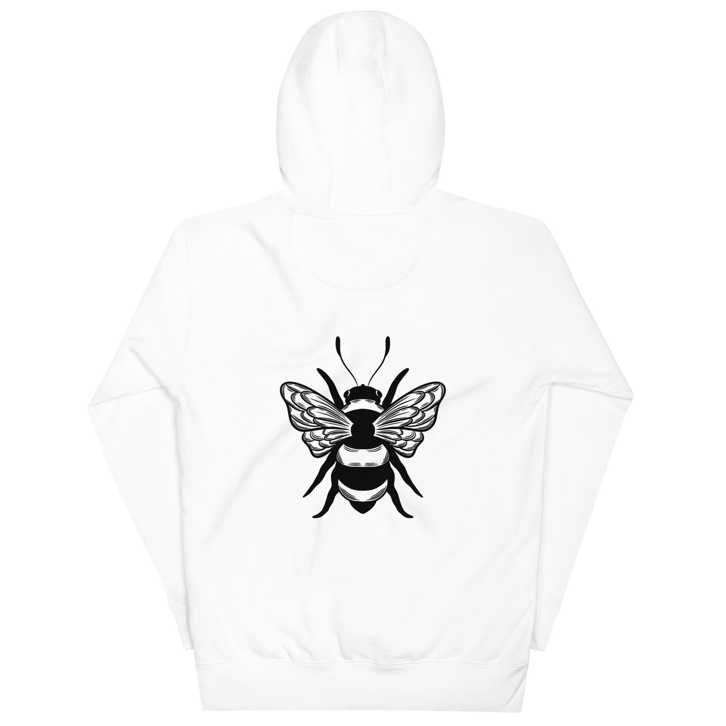 White bumble bee hoodie back view with a large black bee graphic, perfect for men and women. Features a drawstring hood and long sleeves, ideal for cozy streetwear fashion. Shop this bee hoodie for a bold, nature-inspired look!