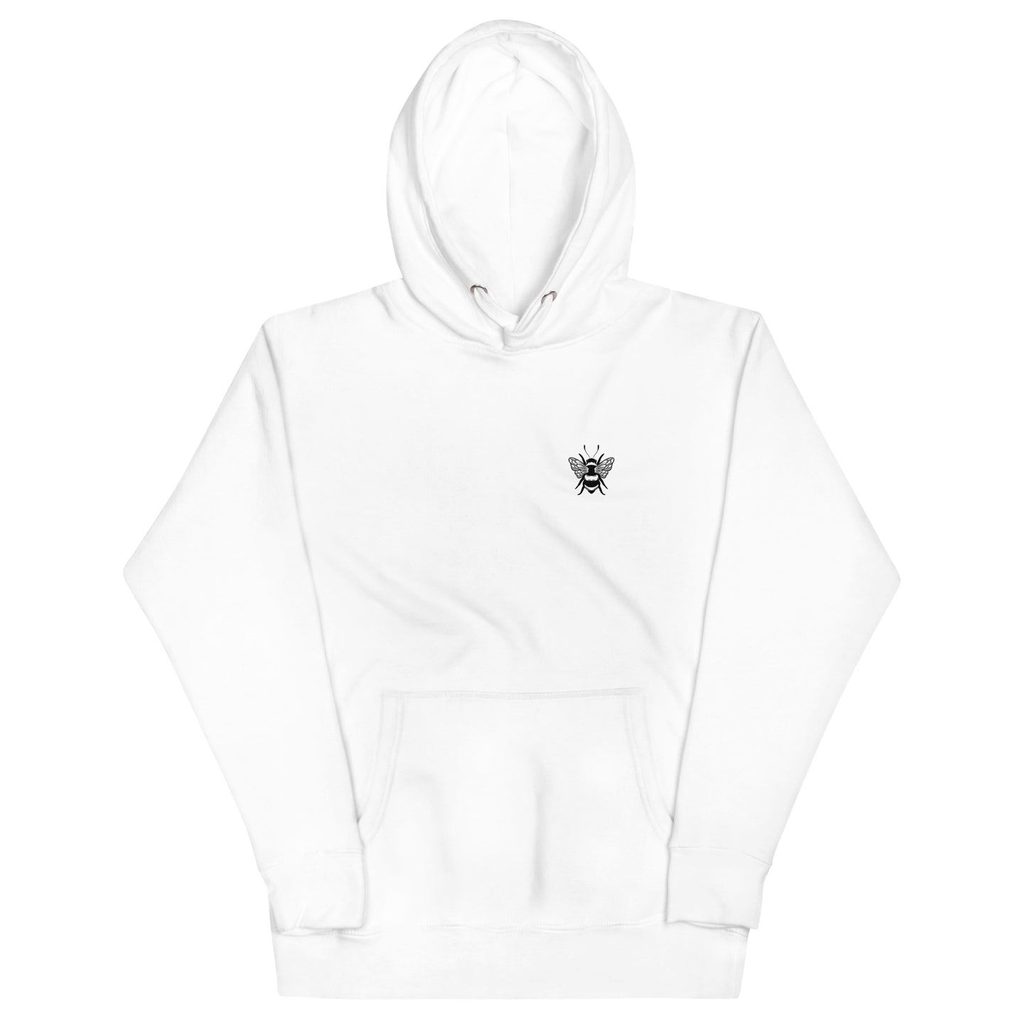 White bumble bee hoodie front view with a small black bee graphic on the left chest, perfect for men and women. Features a drawstring hood, front pouch pocket, and long sleeves for cozy streetwear style. Shop this bee hoodie for a minimalist, nature-inspired look!