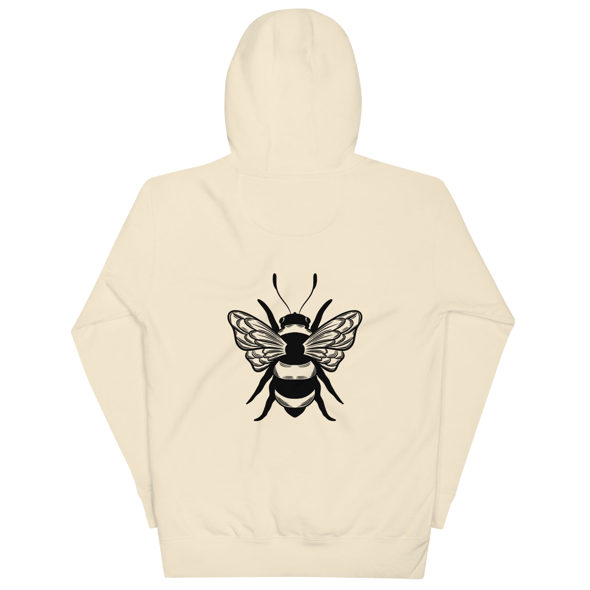 Cream-colored bumble bee hoodie back view with a large black bee graphic, perfect for men and women. Features a drawstring hood and long sleeves, ideal for cozy streetwear fashion. Shop this bee hoodie for a bold, nature-inspired look!