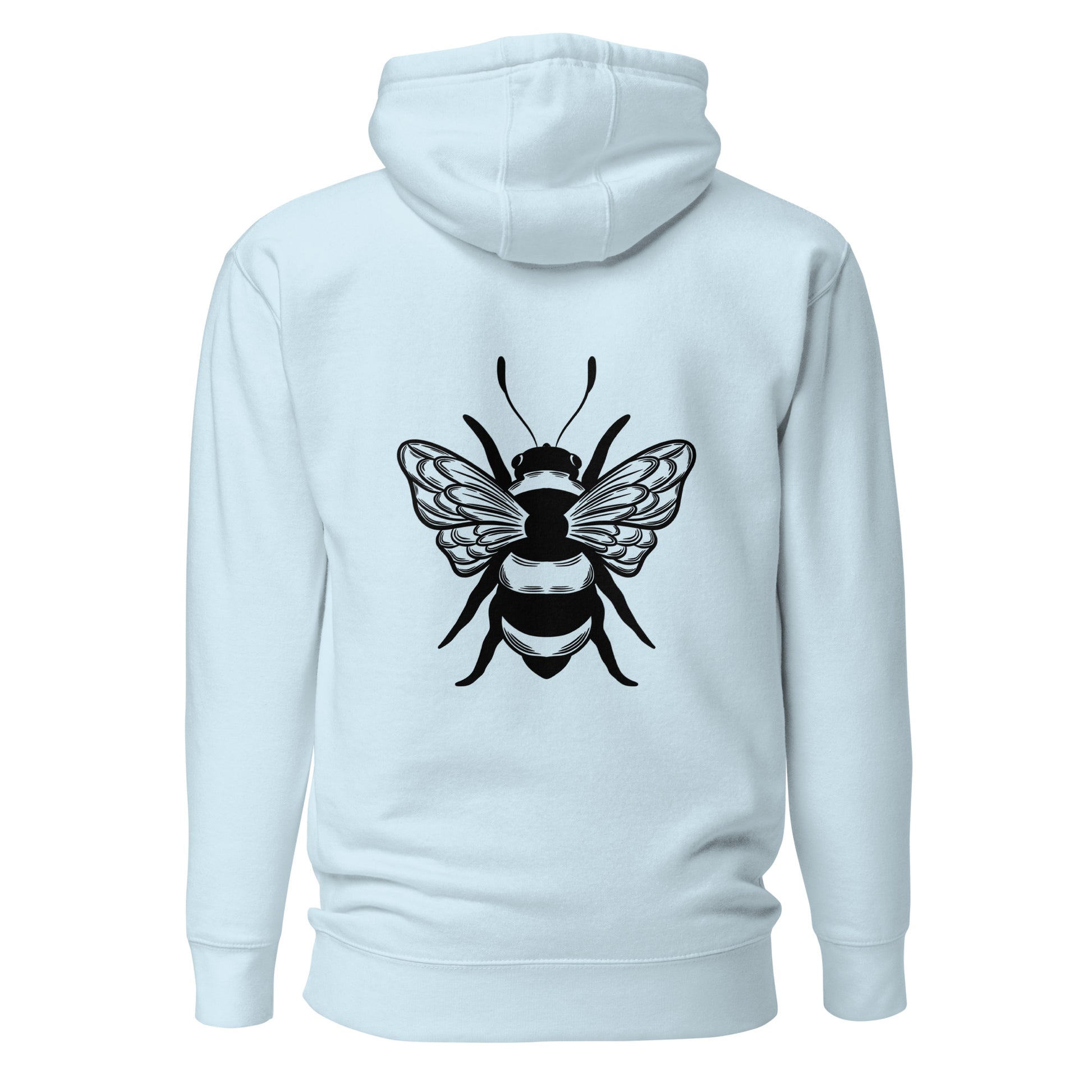 Light blue hoodie with a large black bee graphic on the back, featuring a hood with drawstrings.