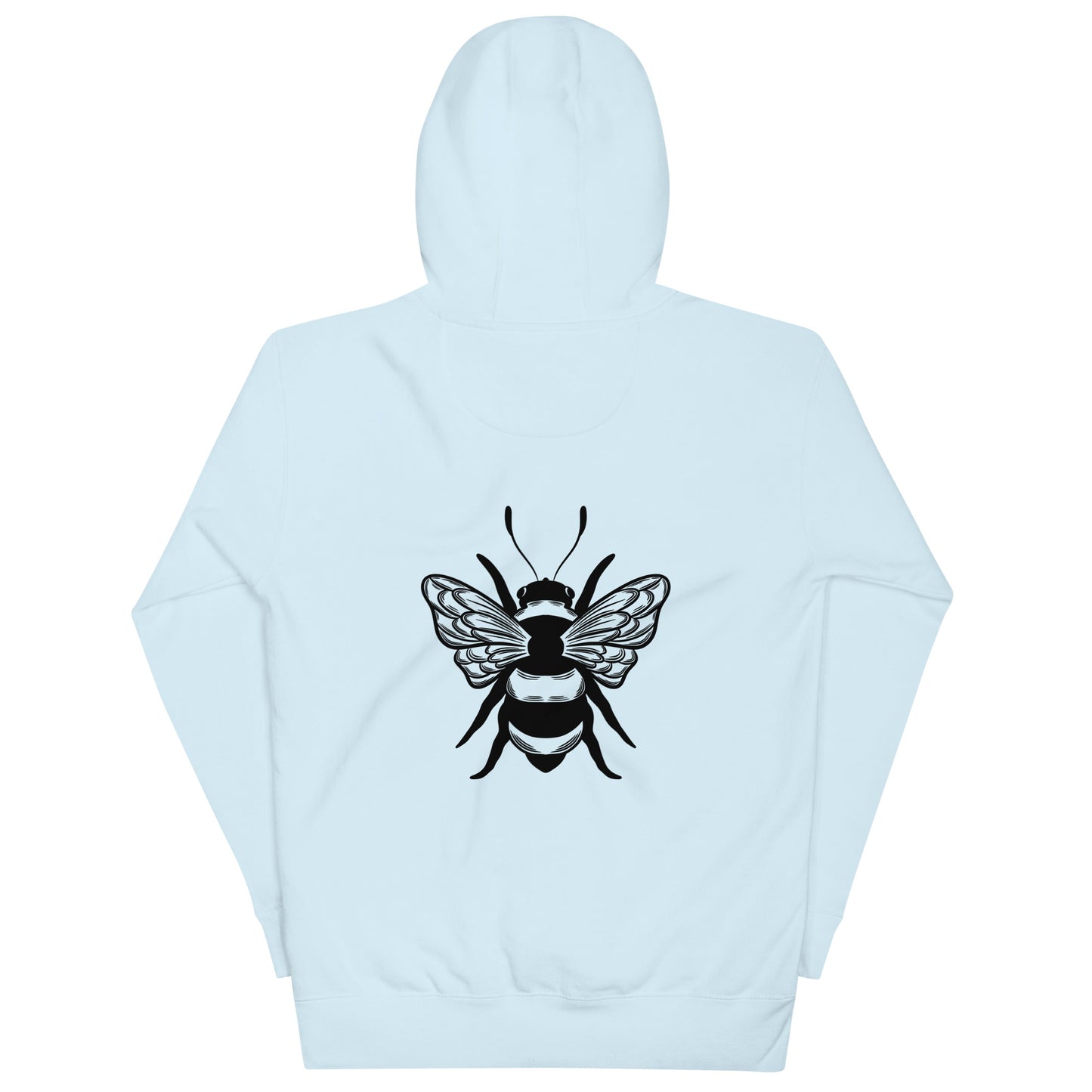 Light blue bumble bee hoodie back view with a bold black bee graphic, perfect for men and women. Features a drawstring hood and long sleeves, ideal for casual streetwear fashion. Shop now for this unique bee hoodie design!