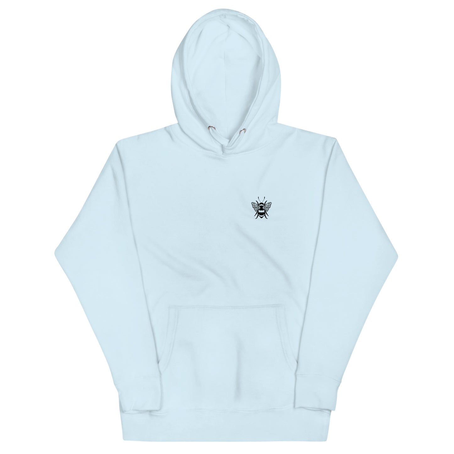 Light blue hoodie with a small black bee graphic on the left chest, featuring a hood and kangaroo pocket.