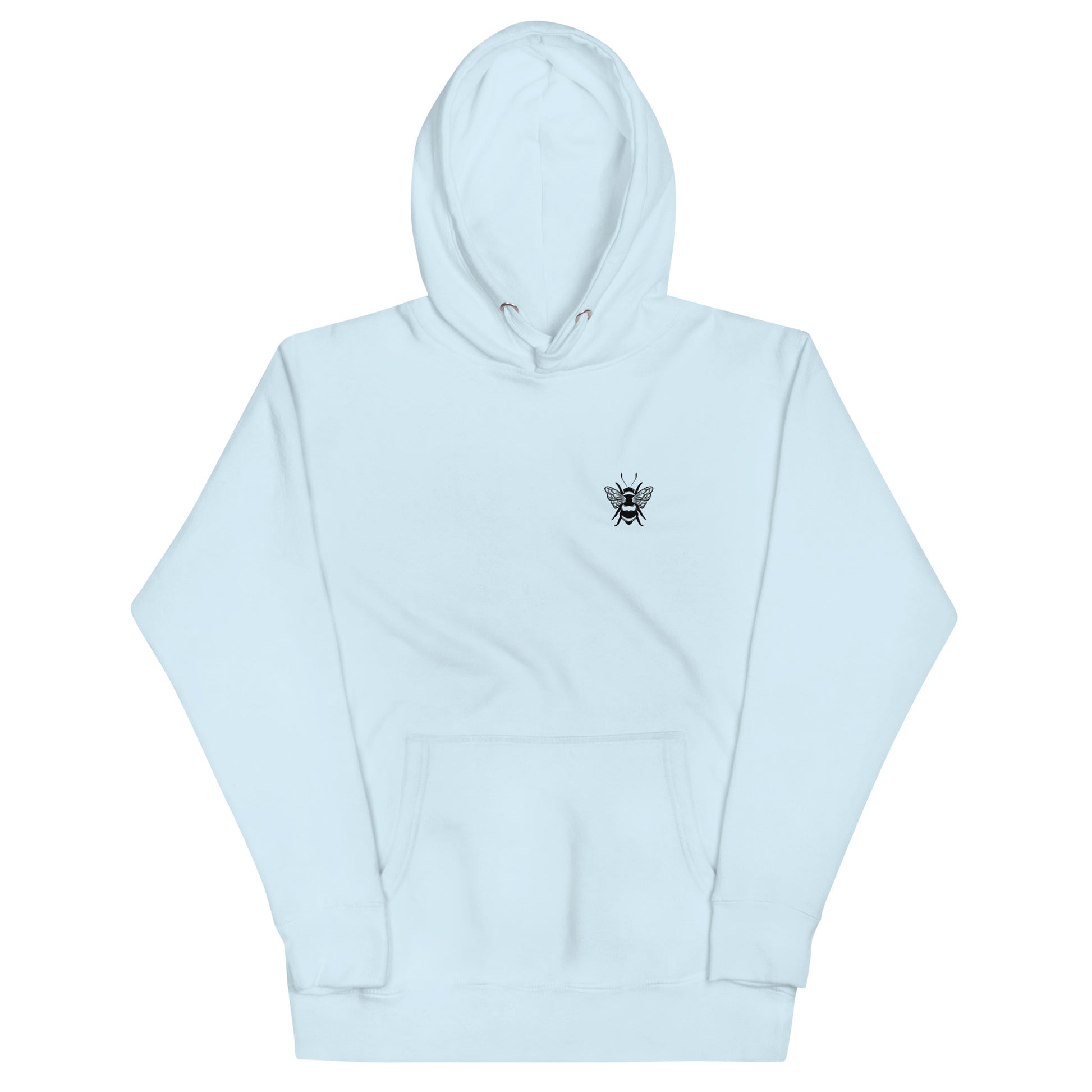 Light blue hoodie with a small black bee graphic on the left chest, featuring a hood and kangaroo pocket.