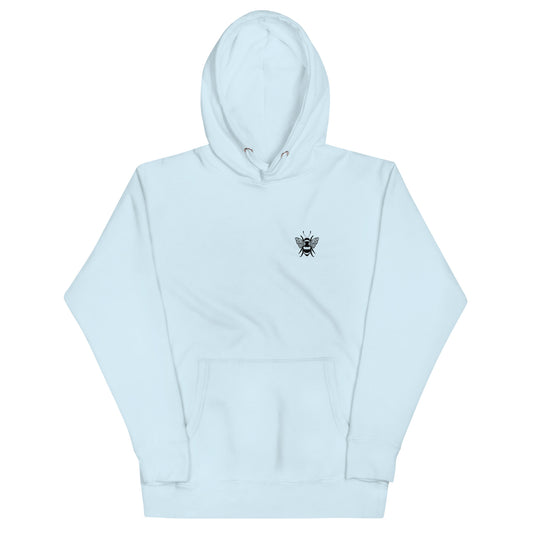 Light blue hoodie with a small black bee graphic on the left chest, featuring a hood and kangaroo pocket.